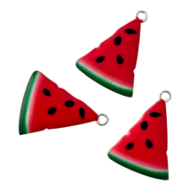 10 Watermelon Charms Red Green Black Fruit Slice Gold Flat Bead Drop 28x21mm - $4.99