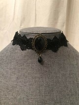 Victorian Gothic Black Velvet Choker Black Crystal Pendant Antique - £12.57 GBP