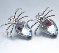 Vintage Silver Tone SPIDER Pale Blue Rhinestone Stud Earrings - $12.86
