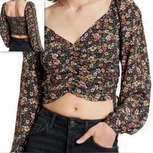 Elodie Women&#39;s Long Sleeve V-Neckline Crop Top Black Floral, Size L - $9.95
