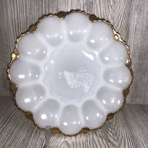 Vintage Anchor Hocking Gold Edge  Deviled Egg Plate Tray Milk Glass Relish 10&quot; - £14.86 GBP