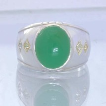 Green Chrysoprase Cab White Sapphire 925 Silver Gents Ring Size 9.75 Design 357 - £125.39 GBP