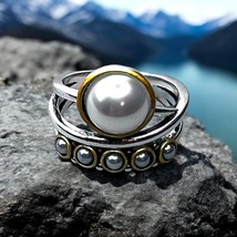 Elegant Silver &amp; Gold Pearl Ring | Multi-Layered Statement Jewelry | Uni... - $293.74 MXN