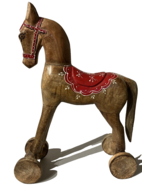 Large Antique Wood Horse Hand Carved 16&quot; Tall Red Saddle &amp; Reins Folk Ar... - €77,61 EUR