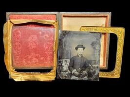 Civil War Calvaryman Soldier US Flag Tents Tintype Photograph 6th Plate ... - $583.09