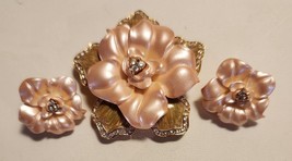 NOLAN MILLER Flower Brooch Pin/Pendant Clip Earrings Pink Celluloid Rhinestones - £70.28 GBP