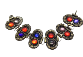 Vintage Panel Link Bracelet Plastic Cabochon Mod Boho colorful light weight - £22.17 GBP