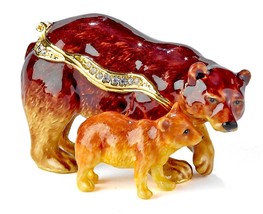 Brown Bear w Cub Hinged Trinket Box Pewter Enamel Austrian Crystals - £31.47 GBP
