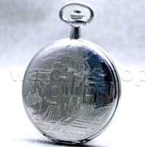 Pocket Watch Silver Color for Men 47 MM Locomotive Train Design Cover Chain P09 - £15.94 GBP