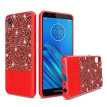 PU Leather Glitter Hybrid with Chrome TPU Case For Motorola Moto E6 RED - £4.63 GBP