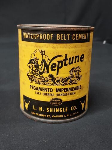 Old NEPTUNE Belt Cement Adv. Tin Can Paper Label Graphics Uncommon Camde... - $18.49