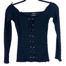Ambiance Apparel Puff Sleeve Lace Up Rib Knit Top Black Square Neck Women L - £10.63 GBP