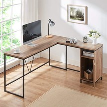 Oak 59 X 55 Inch L-Shaped Computer Desk From Hsh, Metal And Wood Rustic Corner - £204.61 GBP
