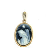 14K Gold Blue Agate Angel Cameo Pendant Diamond Accent for Necklace Vintage - $275.00