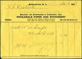 1929 STEPHENS &amp; CO PAPER STATIONERY Binghamton NY Antique Letterhead Bil... - £4.47 GBP