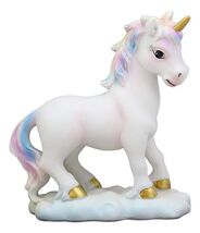 Pastel Colors Rainbow Mane Gold Horn Unicorn Mare Horse On Clouds Figuri... - $24.99