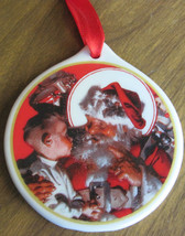 2001 Santa&#39;s Lap Claus Seasons Greetings Christmas Ornament Round Porcelain Disc - £11.07 GBP