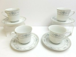 4 Wade Diane Fine Porcelain China Tea Cup Saucer Blue Silver Rim Sets VTG Japan - £31.62 GBP