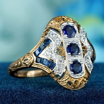 Natural Sapphire and Diamond Filigree Three Stone Ring in Solid 9K Two Tone Gold - £721.32 GBP