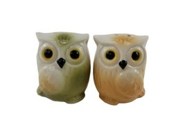 Ceramic Owl Green Orange Set Salt &amp; Pepper Shakers Small  - $7.87