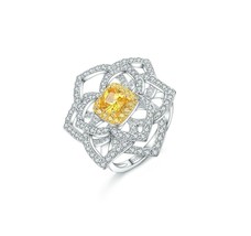 Hollow Rose Flower with Cushion Yellow Diamond 925 Sterling Silver Bridal Ring - £125.41 GBP