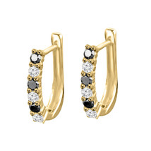 Round Black &amp; White Simulated Diamond Huggie Earrings Yellow Gold Plated Silver - £48.59 GBP
