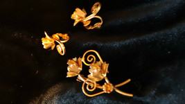 Vintage Navette Rhinestones Topaz Demi Parure Brooch and Clip Back Earrings - £35.92 GBP