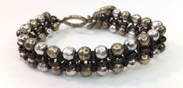 Premier Designs Silver Tone &amp; Antiqued Brass Tone Beaded Bracelet Toggle Closure - £13.55 GBP