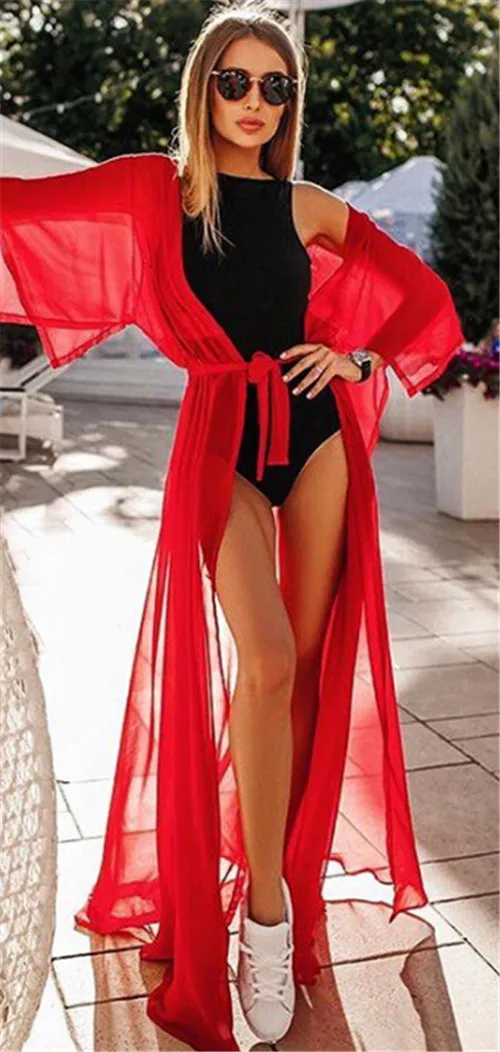 Summer Lady Beach Cover Up  Bikini 2024 Chiffon Long Dress For Women Solid Beach - £77.40 GBP