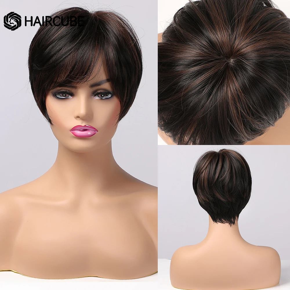 Ombre Brown Synthetic Hair Short Pixie Cut Straight Wig with Bangs for Bla - £13.71 GBP+