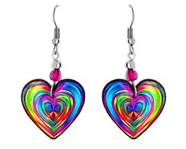 Rainbow Striped Heart Graphic Dangle Earrings - Unisex Fashion Handmade Jewelry  - £11.84 GBP