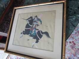 Japanese Midcentury Original Painting Oil On Silk Samurai In Black Horse Sign - £186.99 GBP