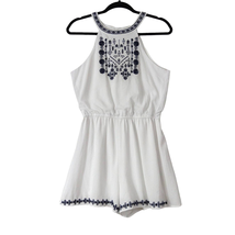 Three Pink Hearts Womens Small Lined Romper White with Navy Embroidery New - $22.31