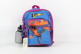 NOS Vtg 90s Superman Spell Out Mini Backpack Book Bag w Water Bottle Kids Blue - £38.88 GBP