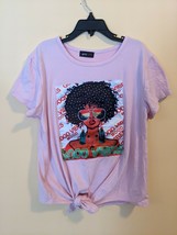 &quot;Girls&quot; Sparkle Pink Shirt Short Sleeve Tie Front Good Vibes Face Graphi... - £9.56 GBP