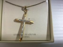 Sterling Silver/10k Gold Plated Hollow Crystal Accent Cross Necklace - £20.00 GBP