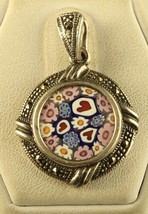 Vintage Sterling Silver 925 Murano Glass Millefiori w/ marcasite Floral Pendant - £34.95 GBP