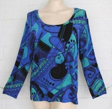 Chico&#39;s Travelers 2 L 14 Blue Pop Art Paisley Stretch Wrist Length Sleev... - $339.23 MXN