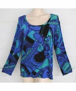 Chico&#39;s Travelers 2 L 14 Blue Pop Art Paisley Stretch Wrist Length Sleev... - $24.65 CAD