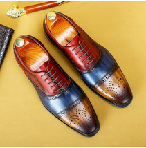 Three Tone Semi Brogue Premium Leather Oxford Laces Patina Formal Wedding Shoes - £120.26 GBP