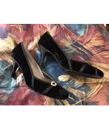 NEW VINTAGE BLACK VELVET SATIN STILETTO PUMPS HEELS DAINTY PEARL BUCKLE 10 - $266.32 MXN