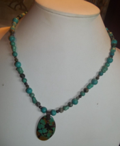 Shades of Turquoise &amp; Green Stone Beaded Necklace with Pendant Sterling Silver - $14.84