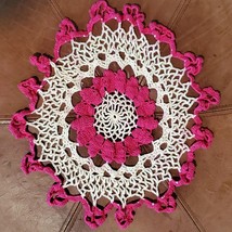 Vintage Handmade Doily Pink White Round Raised Crochet 13 Inch - $13.10