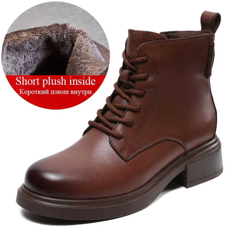 Luxury Design Calfskin Thick Heel Boots Women Autumn Winter Warm Plush Genuine L - £82.12 GBP