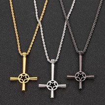 Mens Inverted Pentagram Satanic Cross Pendant Necklace Biker Jewelry Chain 24&quot; - £10.34 GBP