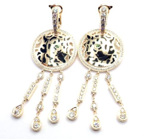 Authentic! Cartier Panther 18k Yellow Gold Diamond Lacquer Tsavorite Earrings - $30,000.00