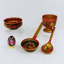 Russian Folk Art Bowls Ladles Egg Hand Painted Lacquered Made in USSR Vintage - £68.00 GBP