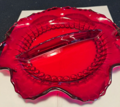LOVELY Red Candy/Nuts Dish, Scalloped Edge, Center Handle, 8 1/2&quot; edge to edge - $7.99