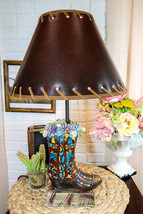 Rustic Western Faux Tooled Leather Floral Succulents Cowboy Boot Table Lamp - £52.73 GBP