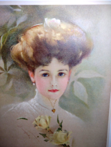 Victorian Art Print Yellow Rose Lady Artist Signed Knoefel Gray Litho Co NY 1909 - £28.51 GBP